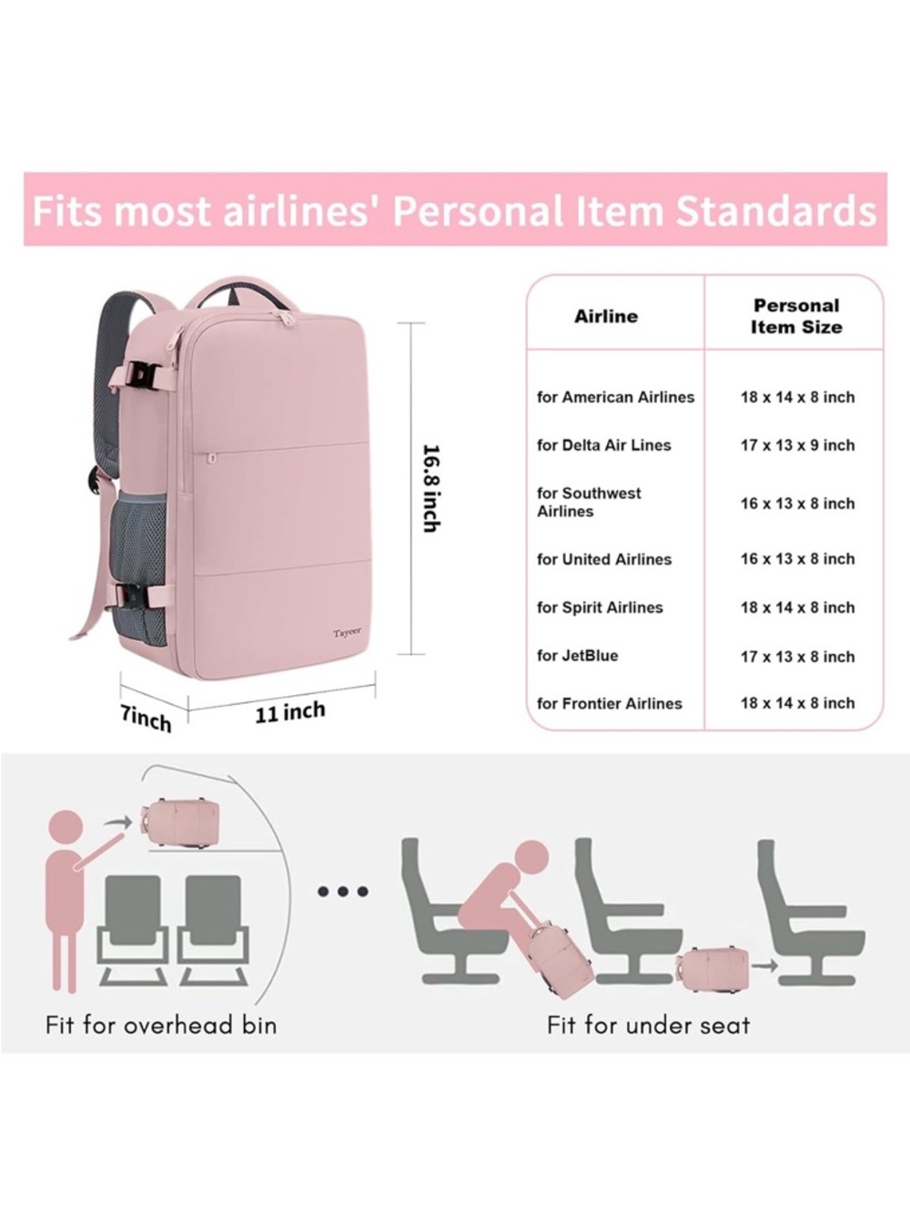 NWOT Taygeer large Pink women's Travel Backpack 16.8 x 11 x 7 inches - Picture 4 of 5